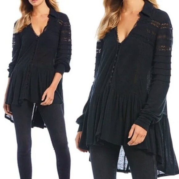 Free People Tops - Free People Set To Stun Lace-Inset Low V Neck Collar Tunic Top Black XS $108